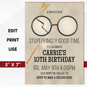 Witchcraft & Wizardry Birthday Invitation | Magical Glasses Party - Simple Desert Designs
